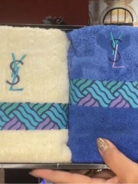 Yves Saint Laurent Blue & Cream Embroidered Logo Hand Towels Set